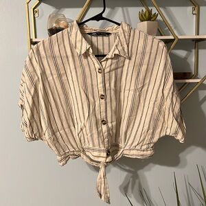 Zara Striped Button Up Crop Shirt with Tie Waist